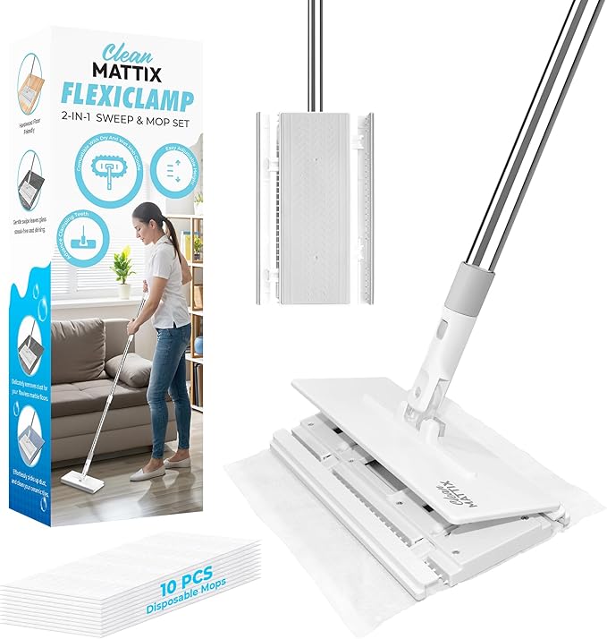 FlexiClamp Sweep &amp Mop Kit - Compatible with Swiffer Pads Durable Cleaning Tool for Hardwood Tile Marble &amp Laminate Floors Home Kitchen Cleaning Essentials. (Include 10 Dry Cloths)