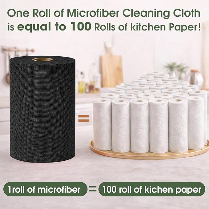 Microfiber Cleaning Cloth Roll - 100 Pack Tear Away Microfiber Paper Towels Reusable Washable Scratch-Free Kitchen Towels for Car Home Kitchen Glass Dishes (Black)
