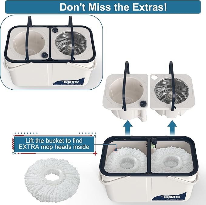 Gen 1 Large-Capacity Spin Mop and Bucket – for Big Homes &amp Deep Cleaning Days4-Chamber System Separates Dirty &amp Clean Water 2-GAL Heavy-Duty Design with Wheels &amp 6 Refill Mop Heads - Whi