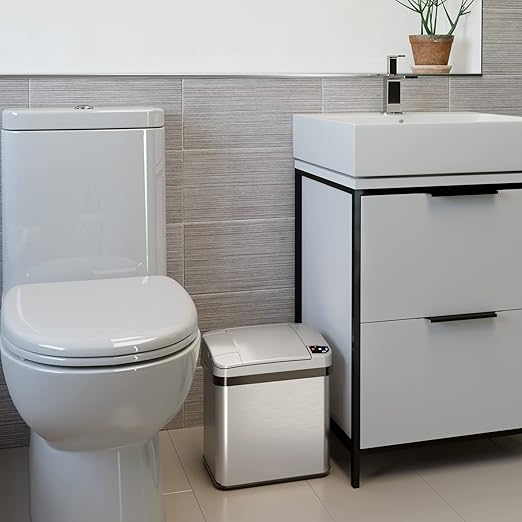 iTouchless 2.5 Gallon Bathroom Trash Can with Odor Control Automatic Motion Sensor Bin Soft-Close Stainless Steel Slim Wastebasket for Narrow Spaces Silver