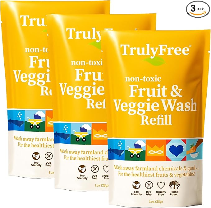 Truly Free Fruit and Vegetable Wash Refills | Veggie Wash Removes 99% Dirt &amp Wax | Plant-Based Produce Cleaner Spray | No Aftertaste Made in USA | Fragrance-Free 16oz (Pack of 3)