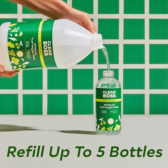 CleanBoss Eat Cleaner Triple-Action Fruit + Veggie Wash Refill - 64 oz - Removes Harmful Residue - Keeps Produce Fresh Up to 5X Longer - Vegan Gluten Free
