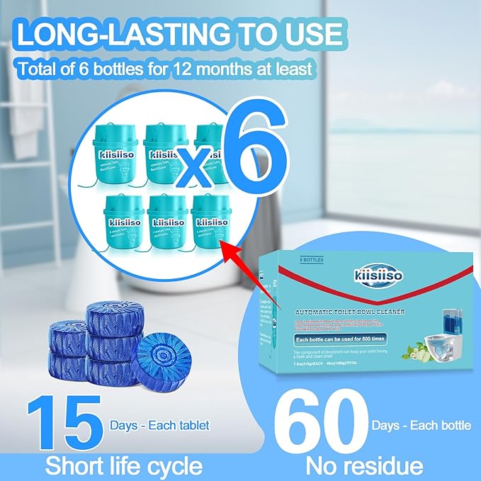 KIISIISO Toilet Bowl Cleaners-6 Pack Automatic Toilet Tank Cleaner Tablets in Bottles Long-Lasting Powerful Cleaning Prevents Bathroom Stain &amp Odors Build Up Septic Safe Blue Water