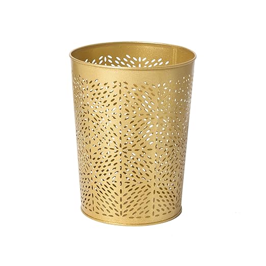 Small Gold Metal Trash Can Wastebasket Decorative Hollow-Out Garbage Can Waste Paper Bin Modern Farmhouse Round Trash Bin for Bathroom Bedroom Kitchen and Office (Floral)