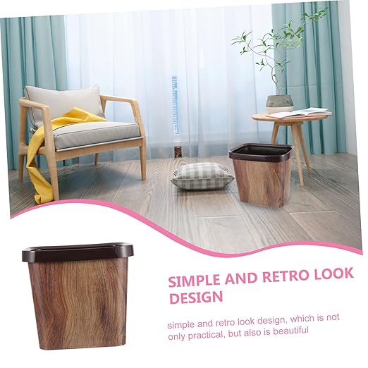 Ciieeo Wood Grain Trash Can Bedroom Outdoor Slim Design Plastic Vintage Wastebasket for Home Kitchen