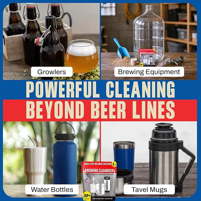 Kegerator Cleaning Kit with 1 LB Beer Line Cleaner Made in USA – 30+ Uses Complete Keg Cleaning Kit with Metal Coupler Squeeze Bottle Wrench Detailed Instructions Storage Bag &amp Beer Tap Brush