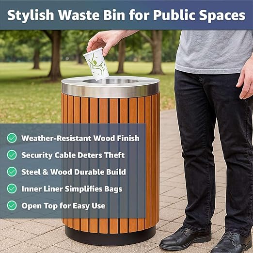 17 Gallon Round Outdoor Trash Can - Heavy Duty Steel &amp Wood Composite Commercial Decorative Garbage Bin with Open Lid Durable Park Retail &amp Transit Waste Container