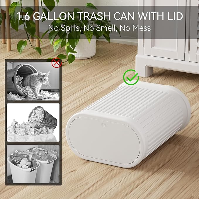 Stainless Steel Bathroom Trash Can and Toilet Brush Set1.6 Gallon Small Trash Bin with Press Type Lid White Bathroom Sets with Curtain and Liner for Bathroom
