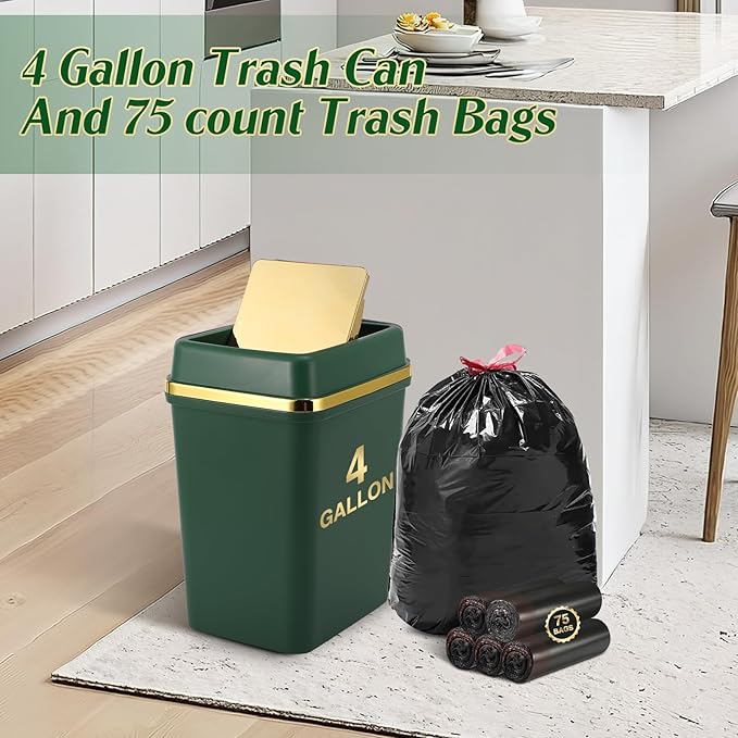 Bathroom Trash Can with Lid 4 Gallon Small Trash Can with Swing Lid Black/Navy Blue/Dark Green Bathroom Garbage Can with 225 Counts Trash Bags for Kitchen Bedroom Office