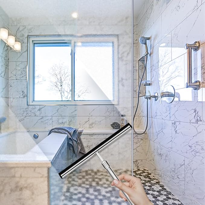 Shower Squeegee with Long Handle and Adhesive Hook. for Glass Doors Tile Walls Mirrors and Windows. Telescoping Squeegee for Cleaning. Bathroom Stainless Steel Squeegee 10inch Wide Chrome – 1pk