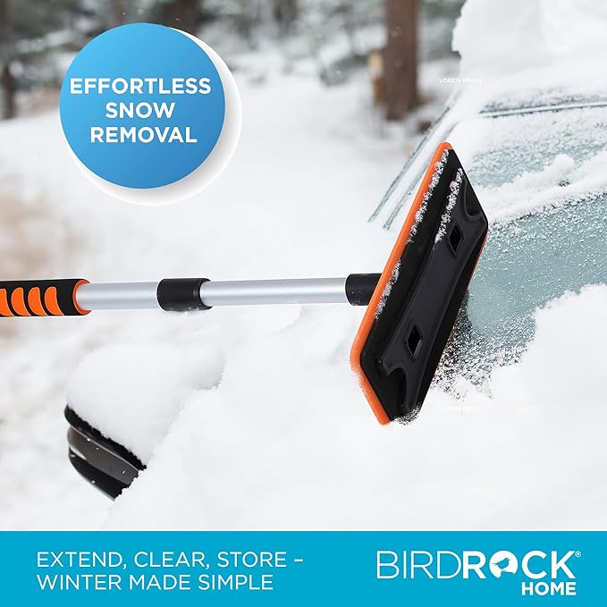 BIRDROCK HOME 36 Extendable Snow Pusher Brush &amp Detachable Ice Scraper for Cars | Aluminum Grip for Car Truck SUV | Safe on Auto Windshield &amp Windows | Wide Frost Remover for Semi &amp Sma