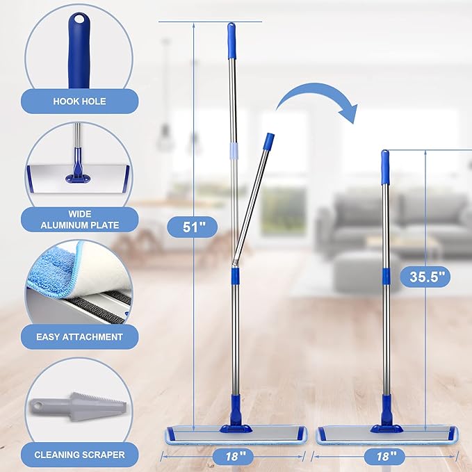 18 Professional Microfiber Mop Floor Cleaning System Flat Mop with Stainless Steel Handle 4 Reusable Washable Mop Pads Wet and Dust Mopping for Hardwood Vinyl Laminate Tile Cleaning