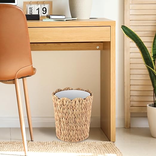 3.5 Gallon Scalloped Edge Wicker Waste Basket with Removable Plastic Liner Handwoven Rattan Trash Can for Bathroom Bedroom Office Home