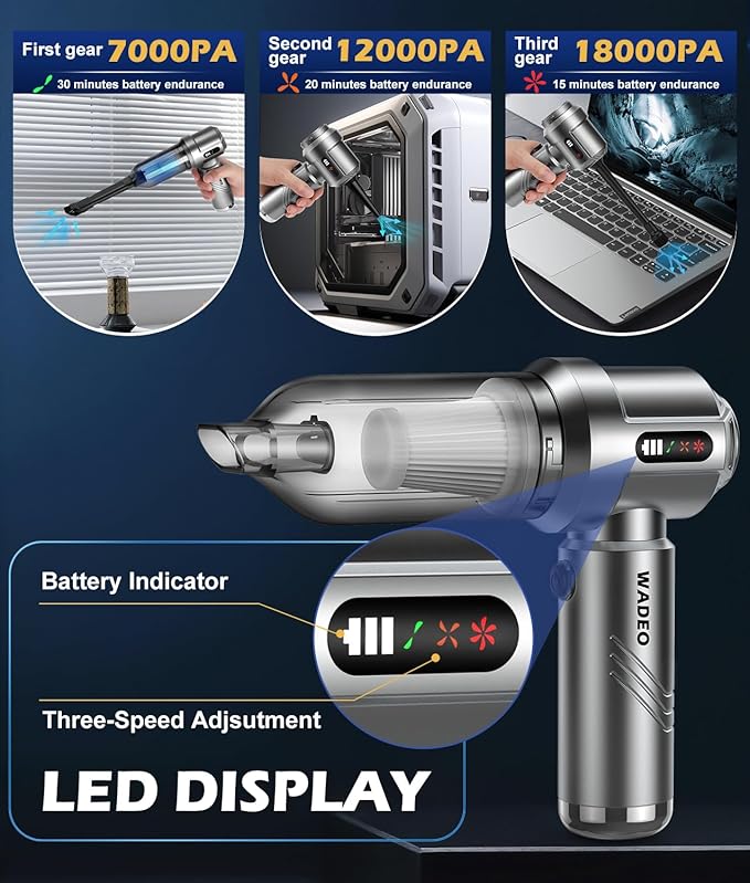 WADEO Car Vacuum Portable Cordless 18000PA 4-in-1 Handheld Vacuum Cleaner and Air Duster with LED Display &amp Multi-Nozzles Mini Hand Held Vacuum Rechargeable for Home Car Office Pet Hair