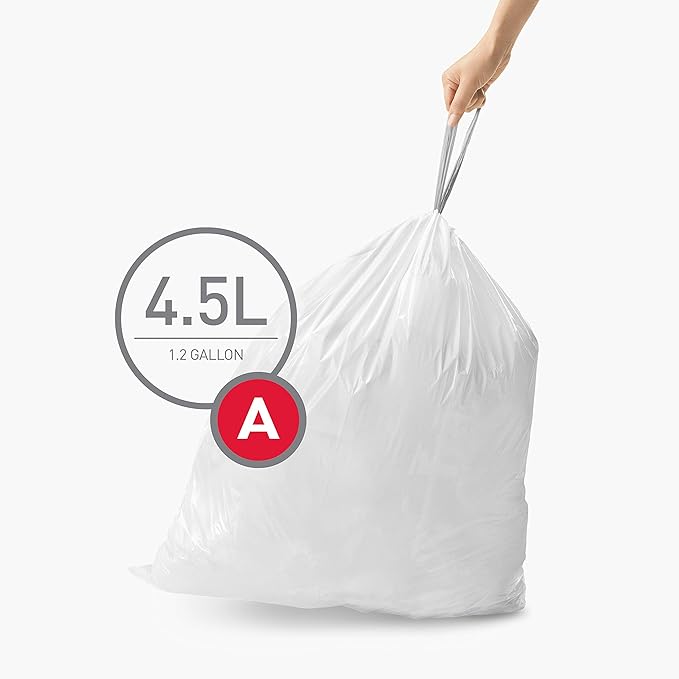 simplehuman 6 Liter / 1.6 Gallon Semi-Round Bathroom Step Trash Can Brushed Stainless Steel &amp Code A Custom Fit Drawstring Trash Bags 4.5 Liter / 1.2 Gallon 90 Pack White 90 Count