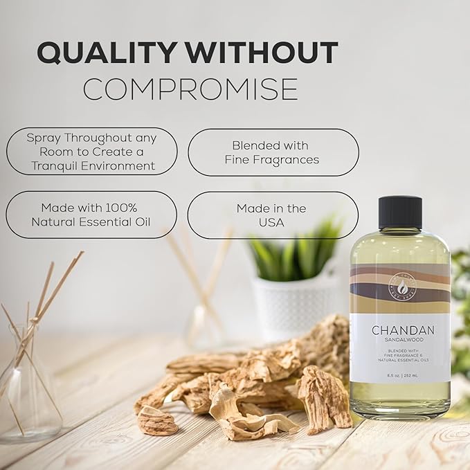 Aroma Country Chandan Diffuser Oil - Luxury Essential Oils for Diffuser Refill &amp Air Freshener Room Spray - Long-Lasting &amp Natural Home Fragrance Sandalwood Scented Oil for Diffusers (8.5 Fl.