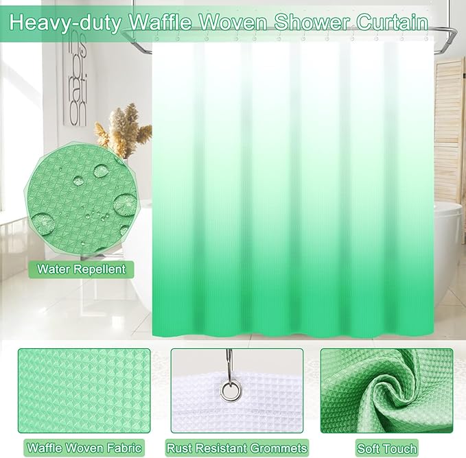 32PCS Green Bathroom Accessories Set with Shower CurtainRugsTrash Can3PCS Lotion Soap Dispenser Toothbrush Holder Soap DishTumbler Cup6PCS Wood Tags Bath Accessories with Tray for Bathroom