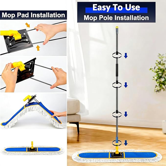 CLDREAM 24 Commercial Dust Mop for Floor Cleaning with 2 Mop Head Large Industrial Push Broom Mops with 60 Long HandleWet Dry Floor Duster for Concrete Hardwood Tiles Marble Floors