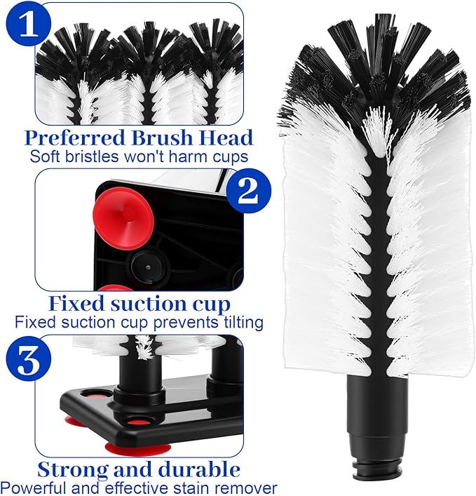 2 Pack Water Bottle Cleaning Brush with 3 Brushe Heads &amp Suction BaseGlass Cup Washer for Sink Bar Beer Cup Wine Glass（7.3 x 3.7 x 7.5 inch）