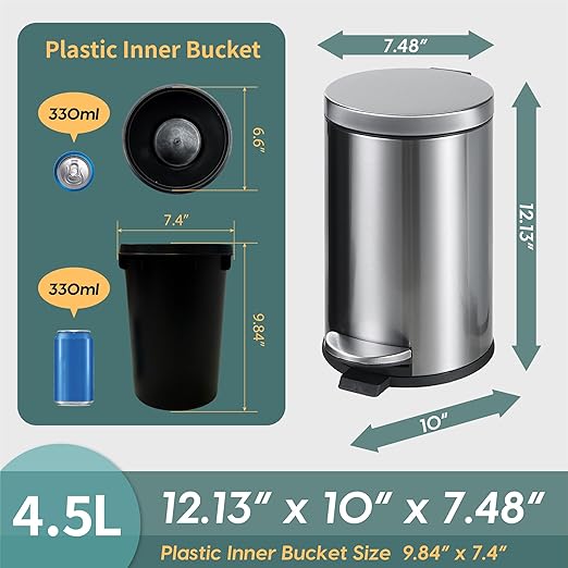 SunnyPoint 4.5 Liter(1.2 Gallon) Small Round Trash Can with Plastic Inner Bucket Bathroom Office Kitchen and Bedroom Step On and Slow Close (S.N)