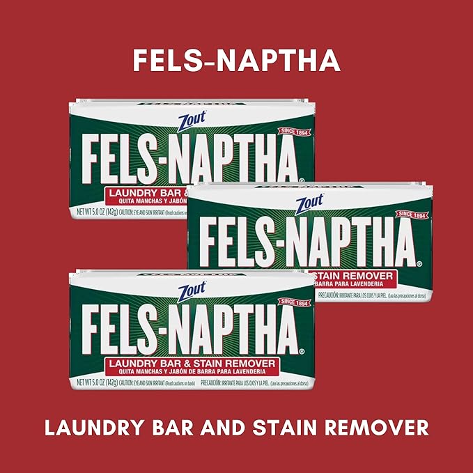 Fels-Naptha Laundry Detergent Bar Soap and Stain Remover Bundle - Includes 3 (5-ounce) Fels Naptha Laundry Bar 8 Shout Wipes Eco Bamboo Scrub Brush DIY Detergent Recipe by Foxtail Collective