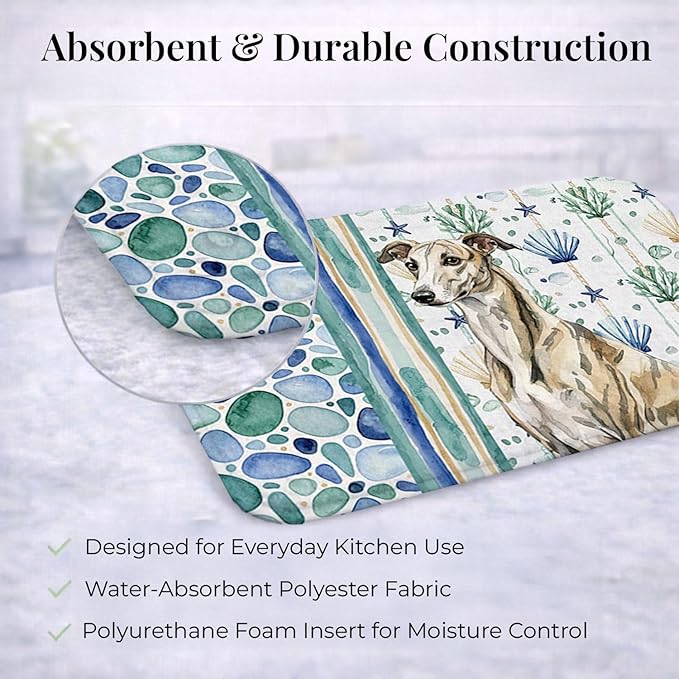 Caroline's Treasures Brindle Whippet Coastal Sea Glass Dish Drying Mat Absorbent Dish Drying Mat Pad for Kitchen Counter Dish Drainer Mat for Countertop 14 x 21 Multicolor
