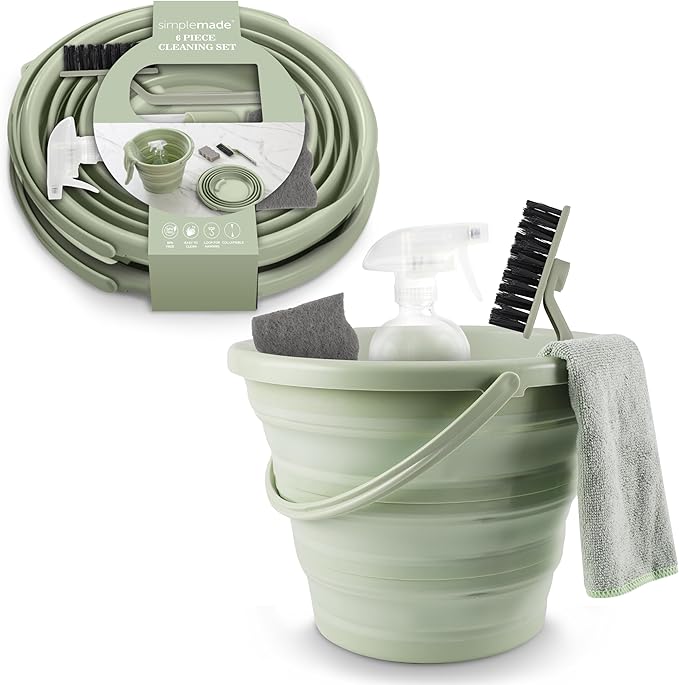 SIMPLEMADE Collapsible Bucket Cleaning Set - Includes 2 Foldable Buckets Spray Bottle Rag Scrubbing Brush and Sponge - Holds Up to 10 liters Easy Storage All-Purpose Cleaning Solution