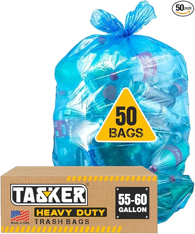 Recycling Trash Bags 55 Gallon (50 Bags w/Ties) Large Blue Plastic Garbage Bags