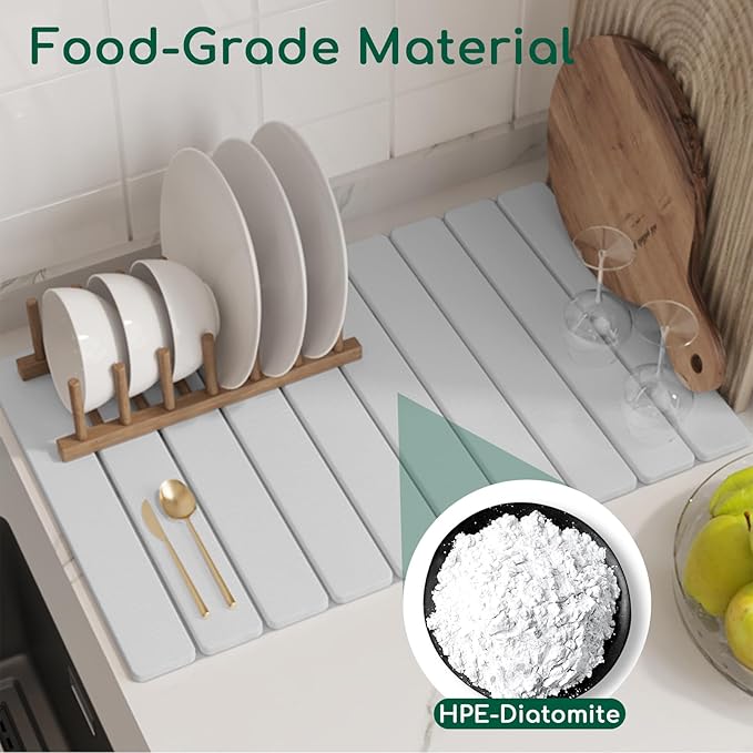 Stone Drying Mat for Kitchen Counter White 24×16 Collapsible Fast Drying Dish Mats Diatomaceous Earth Water Absorbing Mat for Dishes Bottles Cups