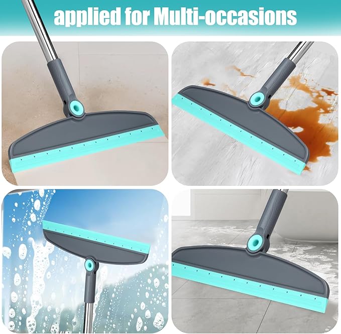 Upgrade Broom and Dustpan Set Silicone BroomLong Handle Broom with Upright Standing Dustpan Squeegee - Broom for Indoor Cleaning 2+1for Indoor OutdoorSmooth Floors Rugs (Green-Grey)