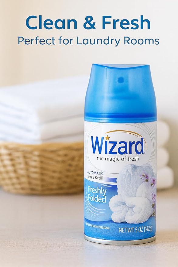 Wizard Automatic Spray Refill – Freshly Folded Linen 5 oz (12 Pack) | Compatible with Air Wick Freshmatic &amp Glade Dispensers | Long Lasting Odor Neutralizer for Home &amp Office