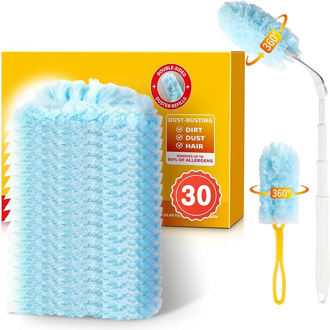 Duster Refills for Swiffer Dusters Multisurface 360 Dusters with 3ft Extendable Handle and 1 Short Handle Disposable Duster Kit for Dusting Furniture Blinds Fans Walls (30 Count)