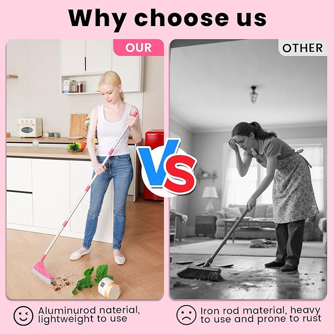 Magic Broom Sweeper Multifunction Replaceable Silicone Broom Household Squeegee for Floor Cleaning Bathroom Pet Hair Dog Broom Brush Set (Bright Pink)