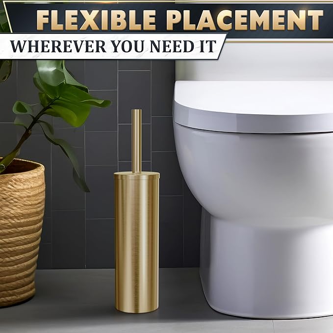 Gold Toilet Brush and Holder Set - Brushed Stainless Steel Gold Toilet Bowl Brush and Holder with Replacable Head Removable Inner Bowl and Splash Protection - Dense Bristles for Through Cleaning