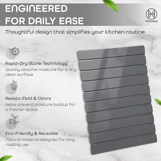 Large Stone Dish Drying Mat 24 x 16 – Quick Dry Diatomaceous Bath &amp Kitchen Mat with Non-Slip Base – Modern Absorbent Drying Pad for Plates Glassware &amp Bottles (Solid Dark Grey)