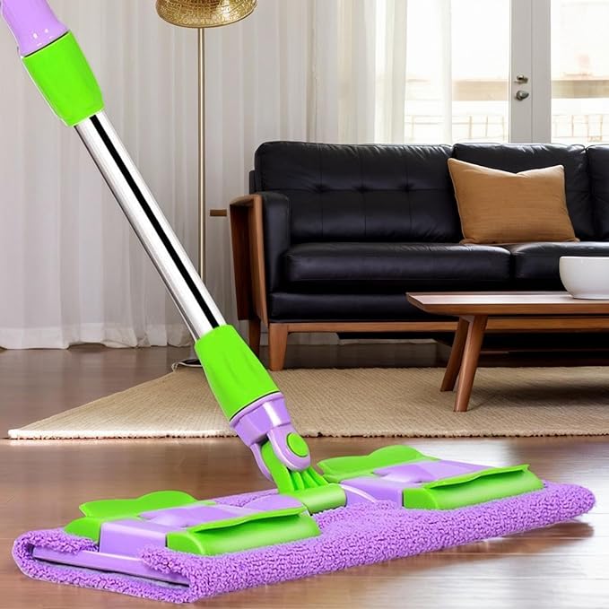 Floor Mop – Adjustable Cleaning Wand Reusable Pad System | 38x15cm Compact Frame with Swivel Mechanism Flexible Washable for Garage Patio Shower Corners Vinyl Marble Living Room