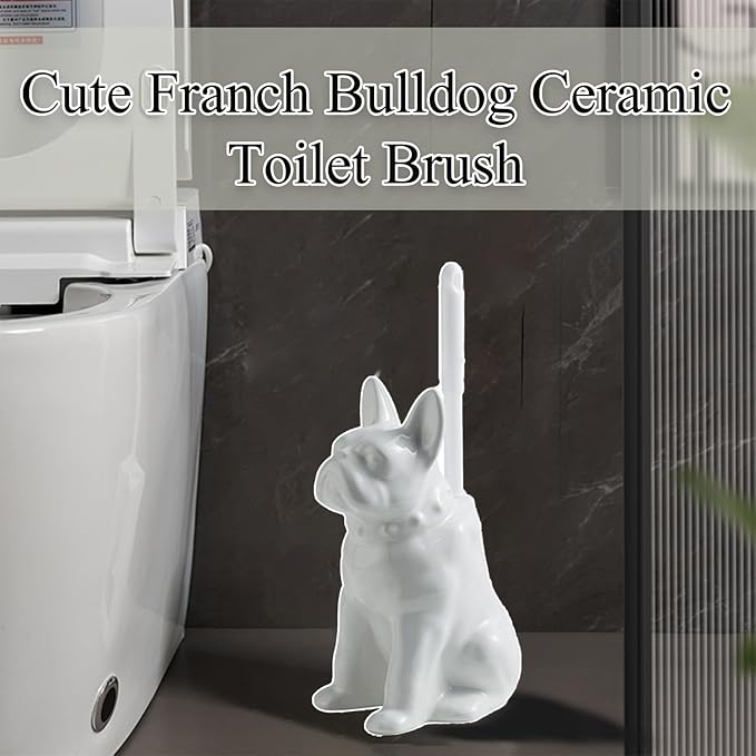 2026 Ceramic Dog Toilet Brush Holder Set French Bulldog Design with 2PCS Durable Plastic Brush Modern Bathroom Accessories (White)