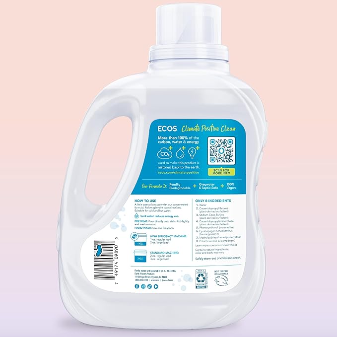 ECOS Laundry Detergent Liquid 200 Loads - Dermatologist Tested Laundry Soap - Hypoallergenic EPA Safer Choice Certified Plant-Powered - Lemongrass 100 Fl Oz (Pack of 2)