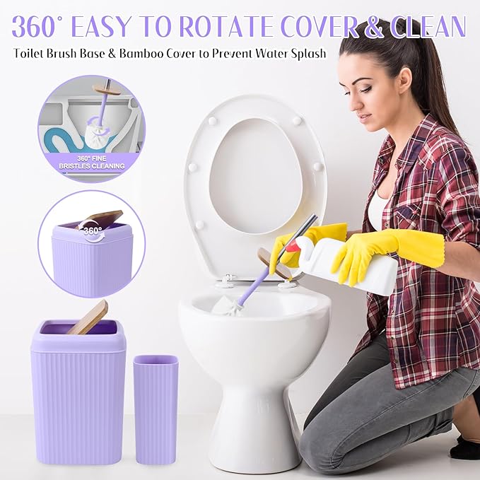Light Purple Bathroom Accessories Set 17PCS Bathroom Set with Trash Can 3PCS Lotion Soap Dispenser Toothbrush Holder Soap DishTumbler Cup6PCS Wood Tags Bath Accessories with Tray for Bathroom