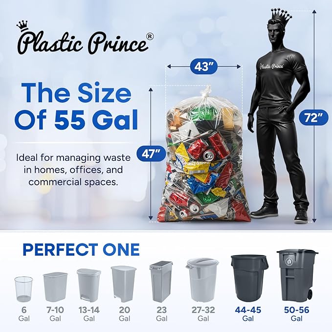 55-60 Gallon Trash Bags 1.5 Mil Fits Rubbermaid Brute Round and Square 32-55 Gallon Rollout Containers 43x47 Trash Can Liners Clear Garbage Bags 55 Gallon Pack of 100