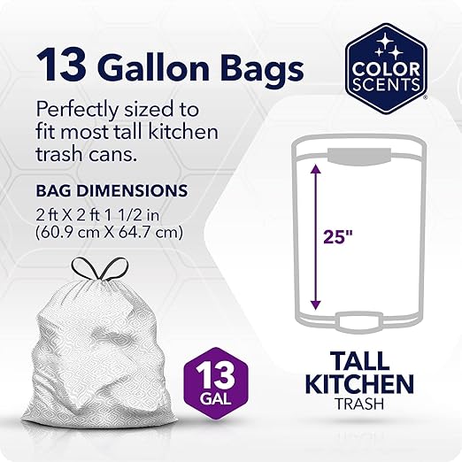 Color Scents Tall Kitchen Trash Bags -13 Gallon 160 Total Bags (8 Packs of 20 Count) Drawstring - Silver bag in Simply Clean Scent with Microban
