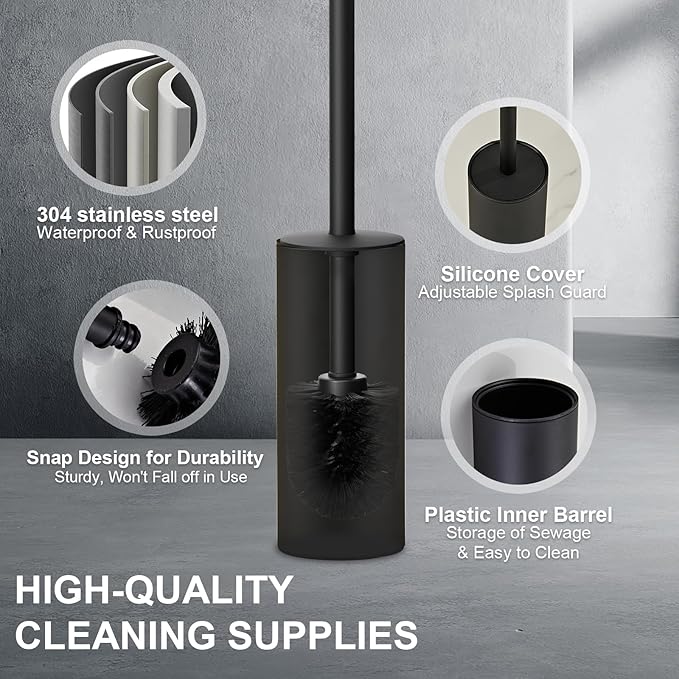 304 Stainless Steel Toilet Bowl Brush and Holder Set Circular Floor Toilet Brush Holder Long Handle Bathroom Heavy-Duty Cleaner High-End Cylinder Wall2 Brush Head (Black) YIGUANXIN