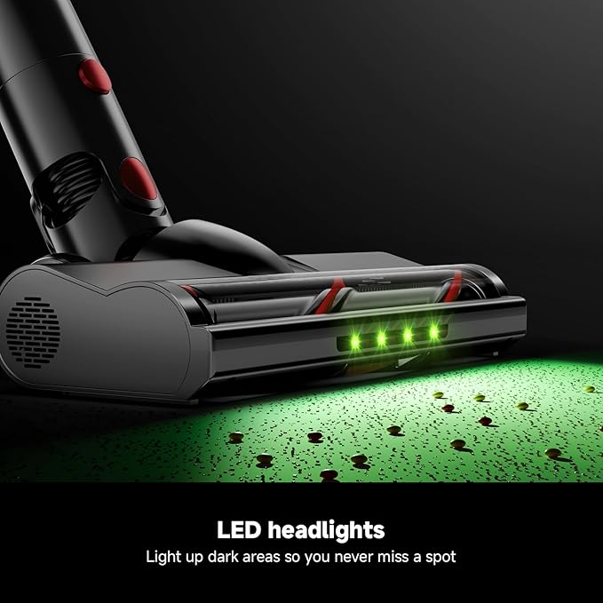 Cordless Vacuum Cleaner Powerful Stick Vacuum with Green Light Anti-Tangle Brush Removable Battery 6-in-1 Lightweight Handheld for Pet Hair Carpet &amp Hard Floors Red