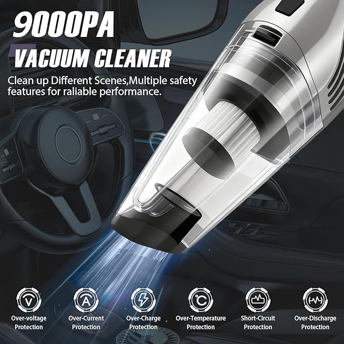 Car Vacuum Portable Cordless – 9000PA Strong Suction Lightweight &amp Rechargeable – Includes Multi-Nozzle Attachments for Car Home Office and Pet Hair – Compact &amp Powerful Grey Vacuum