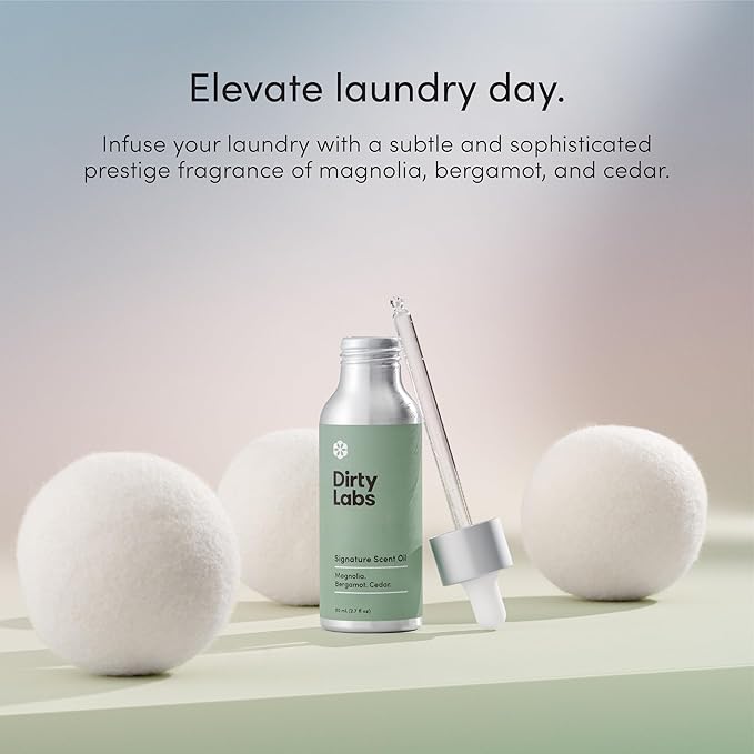 Dirty Labs | Signature Scent | Laundry Fragrance Oil and Glass Dropper | 80mL (2.7 fl oz) | Magnolia Bergamot and Cedar Blend | Laundry Scent Booster | Pairs with Dryer Balls | Hypoallergenic