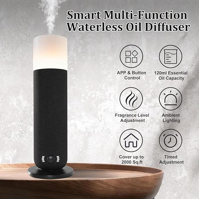 Smart Waterless Essential Oil DiffuserScent Diffuser for HomeHotel Collection Diffuser APP ControlAmbient LightingCovers Up to 2000 Sq.Ft Aromatherapy Diffuser for Bedroom Spa Yoga Office Black