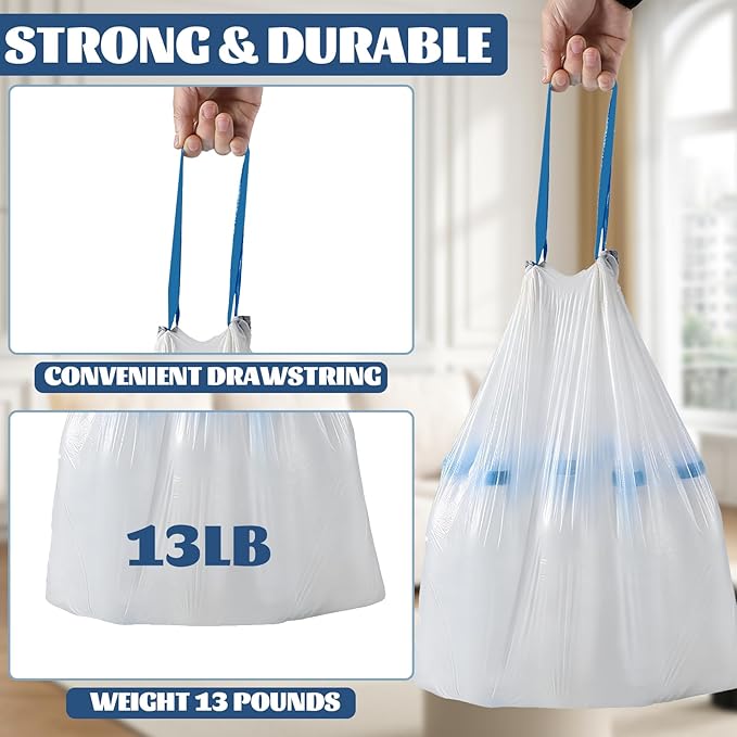 4 Gallon Trash Bags 360 Counts Extra Thick Small Trash Bags for Bathroom and Office Milky White Drawstring Trash Bag with Blue Handle Leak-Proof HDPE Waste Basket Liners 12 Rolls