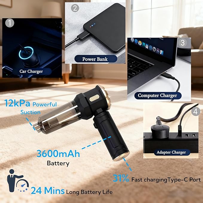 Handheld Car Vacuum Cleaner 16000Pa Vacuum Cleaner and Air Duster Multi-Nozzles for Car Home Office Pet