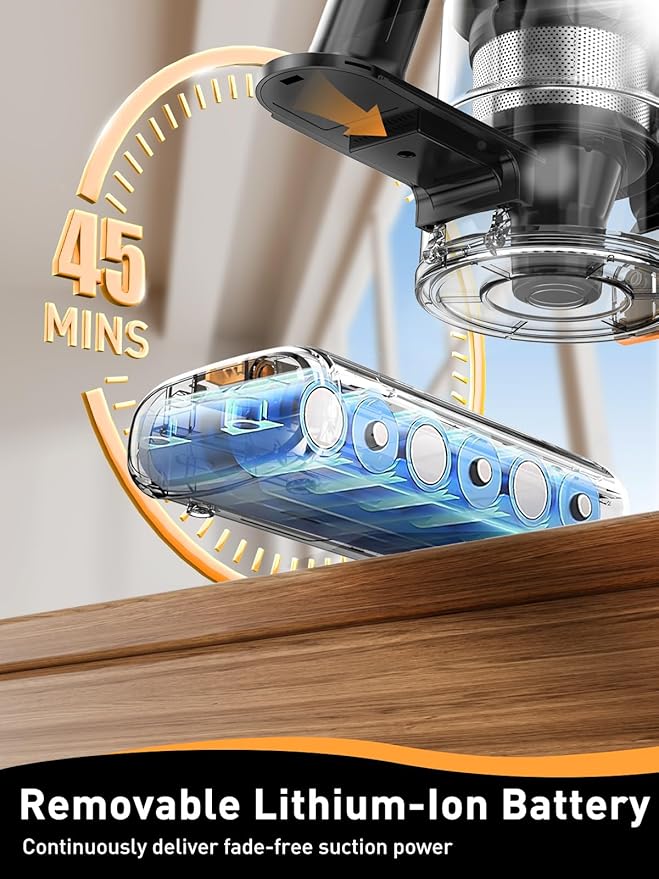 Cordless Vacuum Cleaner 40Kpa 8 in 1 Powerful Suction Lightweight Stick Vacuum Cleaner for Home LED Display 3 Suction Modes 45Mins Detachable Battery Vacuum for Hard Floor Carpet Pet Hairs
