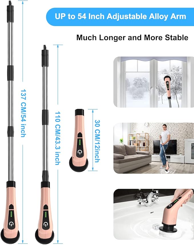 Leebein Electric Spin Scrubber Cordless Powerful Scrub Brush for Cleaning Bathroom Kitchen Shower Tub and Floor Tile with Adjustable Extension Long Handle and 8 Replaceable Brush Heads(Rose)